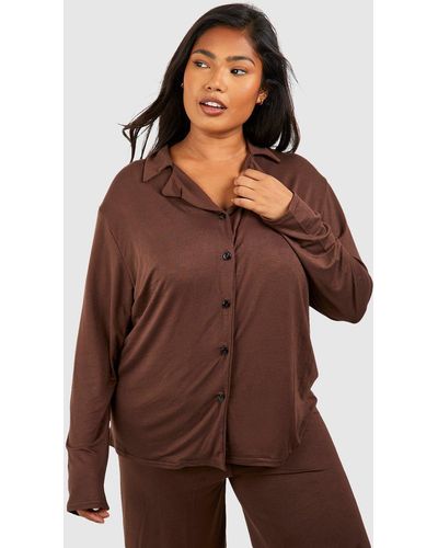 Boohoo Plus Peached Jersey Long Sleeve Button Pj Shirt - Brown