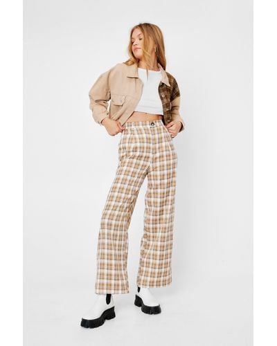 Nasty Gal Check Print High Waisted Wide Leg Trousers - White