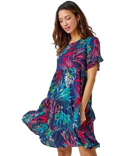 Roman Tropical Frill Sleeve Tiered Smock Dress - Blue