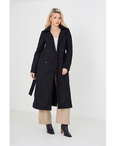 Brave Soul 'virgo' Maxi Double Breasted Faux Wool Coat - Black