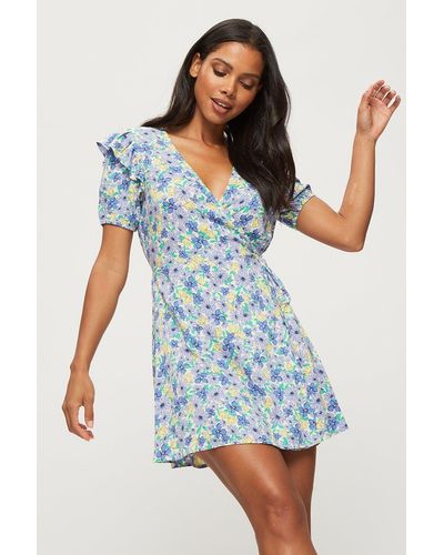 Dorothy Perkins Bright Blue Yellow Floral Wrap Mini Dress