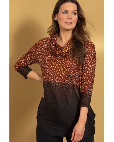 Klass Animal Print Knitted Cowl Neck Tunic Top - Brown