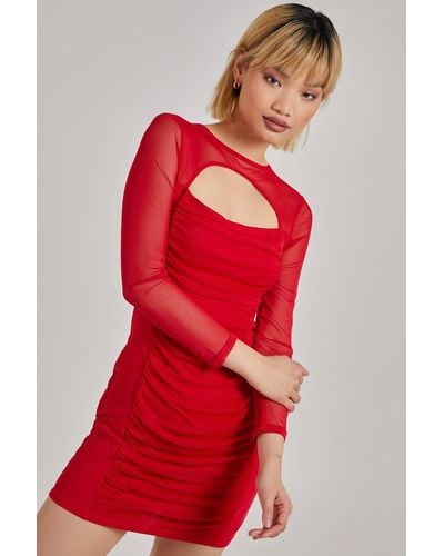 Pink Vanilla Ruched Mesh Cut Out Mini Dress - Red