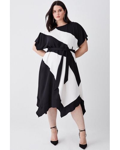 Karen Millen Plus Size Soft Tailored Colour Block Tie Waist Midi Dress - Black