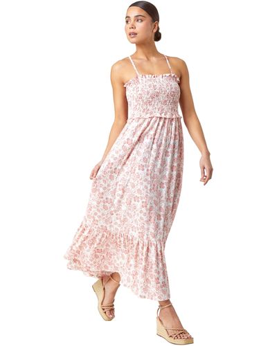Roman Petite Floral Print Shirred Maxi Dress - Pink