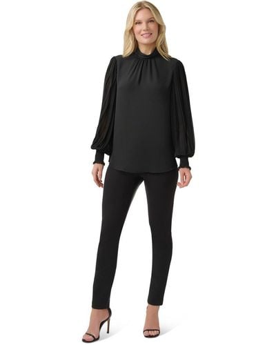 Adrianna Papell Pleated Sleeve Funnel Neck Top - Black