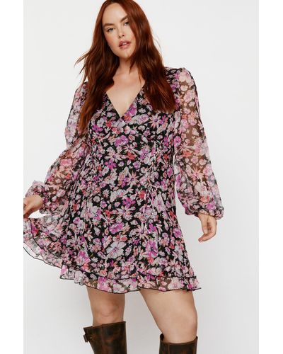 Nasty Gal Plus Size Floral Chiffon Lace Up Mini Dress - Red