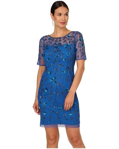 Adrianna Papell Beaded Floral Short Dress - Blue
