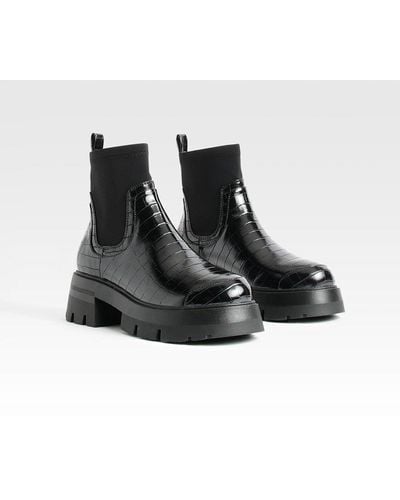 Boohoo Wide Fit Neoprene Panel Croc Chelsea Boots - Black