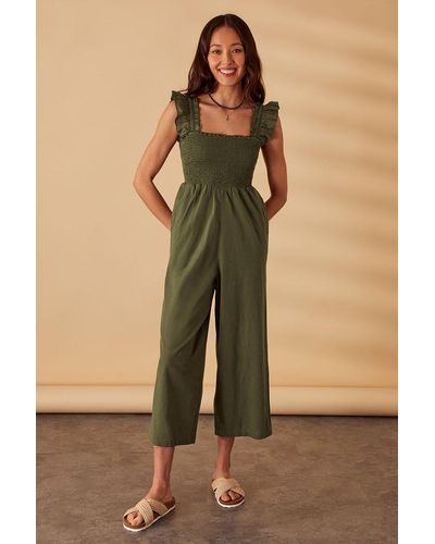 Accessorize Shirred Frill Shoulder Jumpsuit - Green