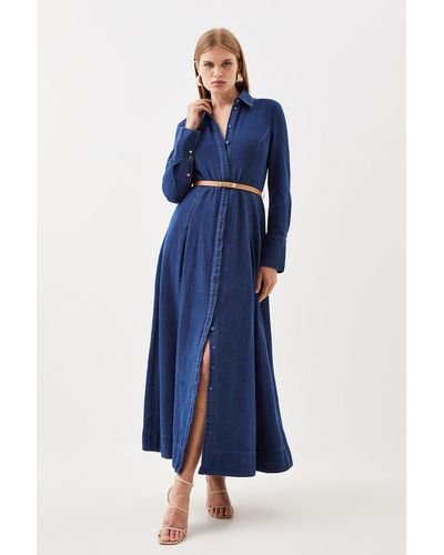 KarenMillen Petite Cotton Maxi Woven Shirt Dress - Blue