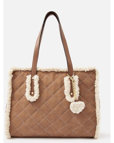 Accessorize Faux Shearling Quilted Tote - Brown