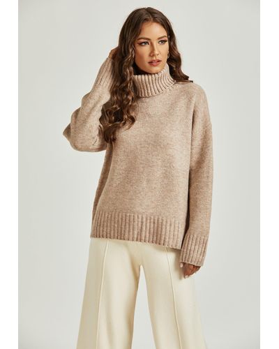 FS Collection Jumper Top With High Neck In Camel - Natural