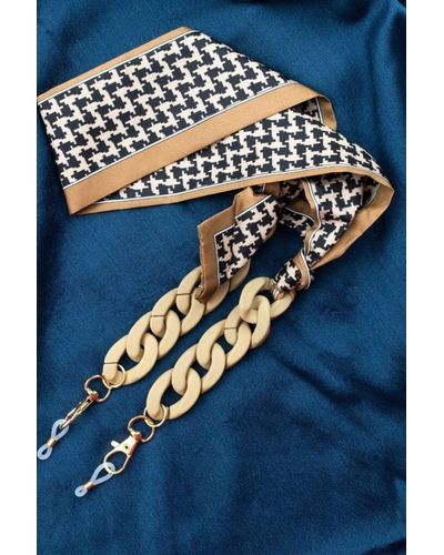 The Colourful Aura Brown Zigzag Printed Cotton Scarf Reading Detachable Eyeglass Lanyard Holder - Blue