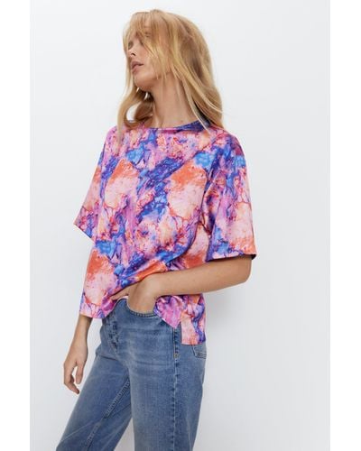 Warehouse Marble Printed Relaxed Fit Boxy Satin Tee - Purple