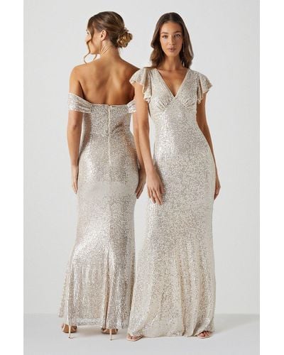 Coast V Neck Angel Sleeve Sequin Maxi Bridesmaids Dress - White