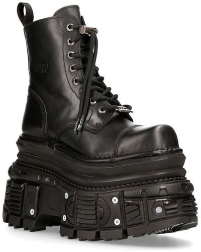 New Rock Metallic Leather Military Boots- Mili083cct-c4 - Black