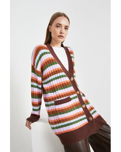 Warehouse Multi Stripe Midi Knit Cardigan - Red