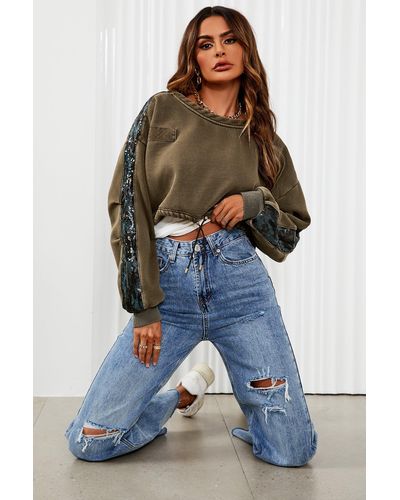 FS Collection Oversized Sequin Detail Cropped Sweatshirt In Khaki - Blue