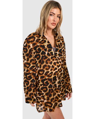Boohoo Leopard Beach Cover-up Tunic - Brown