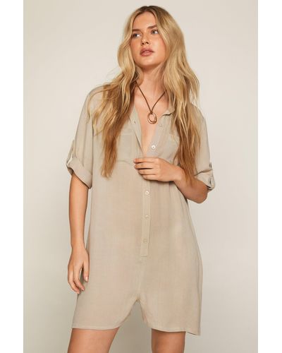 Nasty Gal Rayon Crepe Button Through Pocket Slouchy Romper - Natural