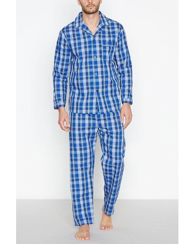 DEBENHAMS Checked Cotton Pyjama Set - Blue