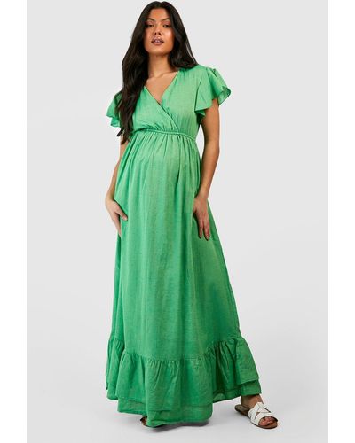 Boohoo Maternity Linen Frill Hem Maxi Dress - Green