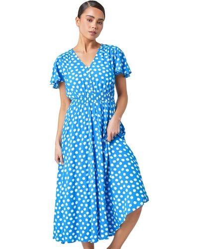 Roman Petite Polka Dot Midi Dress - Blue