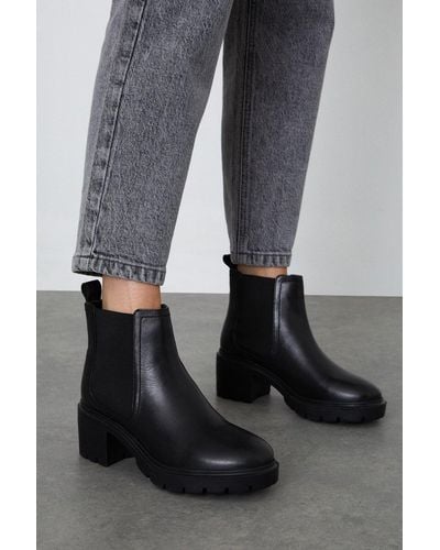Faith : Oona Leather Heeled Chunky Chelsea Boots - Black