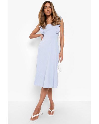 Boohoo Linen Frill Sleeve Midi Skater Dress - Blue