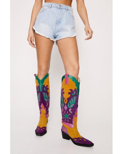 Nasty Gal Leather And Suede Colour Block Western Boots - Blue