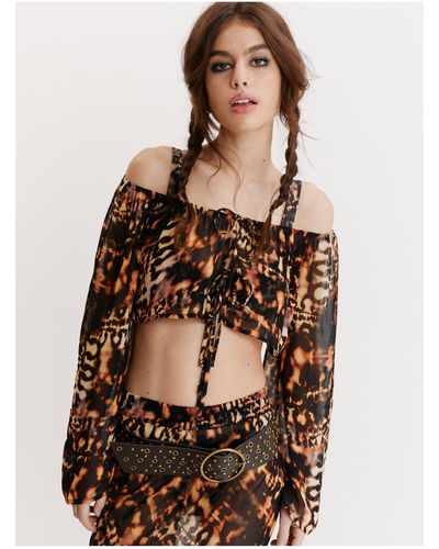 Nasty Gal Sheer Animal Print Tie Front Beach Cover Up Top - Brown