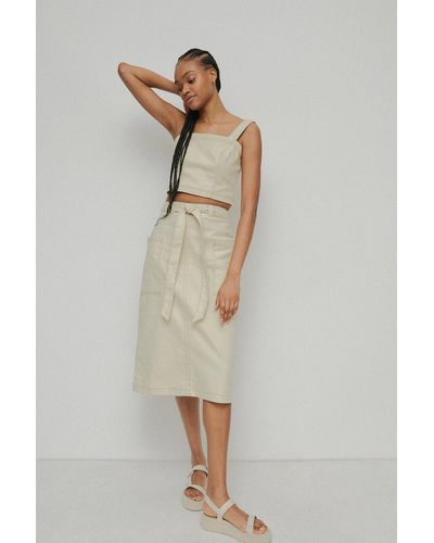 Warehouse Twill Pocket Detail Belted Midi Skirt - Multicolour
