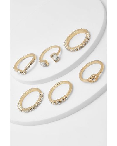 Boohoo Gold Assorted Diamante 6 Pack Ring Set - White