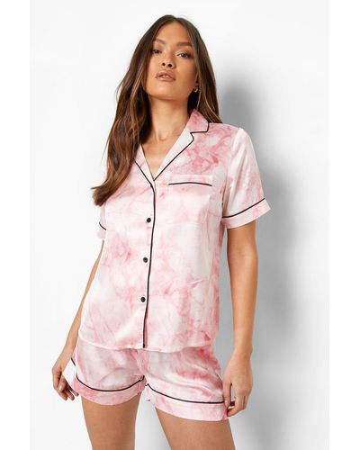 Boohoo Satin Marble Short Sleeve Shirt & Short Set - Pink