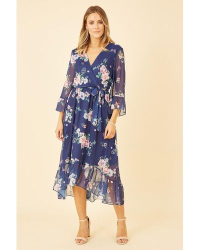 Yumi' Navy Floral Wrap Dress With Dipped Hem - Blue