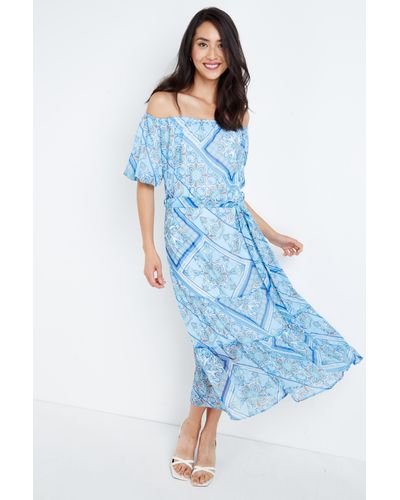 Wallis Tall Blue Scarf Print Bardot Midi Dress