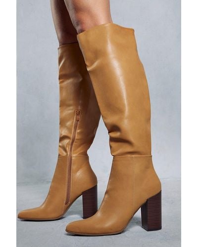 MissPap Leather Look Knee High Block Heel Boots - Natural