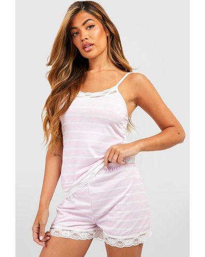 Boohoo Stripe Lace Trim Jersey Knit Cami & Short Pyjama Set - White
