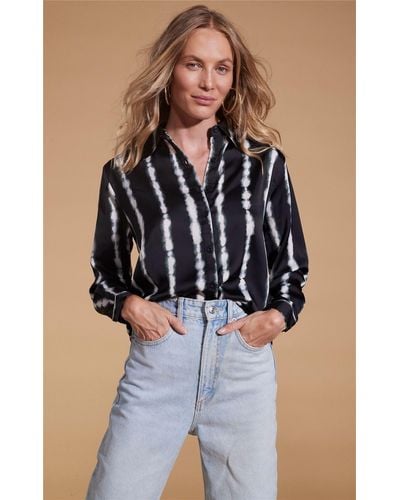 Dancing Leopard Nevada Stripe Print Satin Shirt Soft Long Sleeve Button Down Blouse - Blue