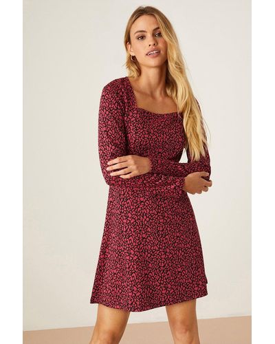 Dorothy Perkins Leopard Jacquard Square Neck Mini Dress - Red