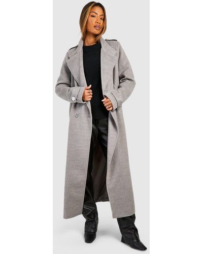 Boohoo Collar Detail Double Breasted Wool Maxi Coat - Grey