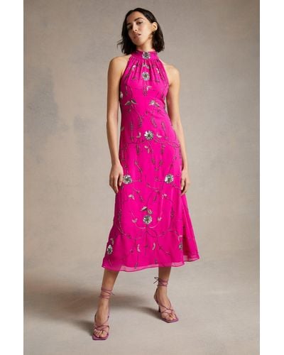 Oasis Hand Embellished Sequin Halter Neck Midi Dress - Pink