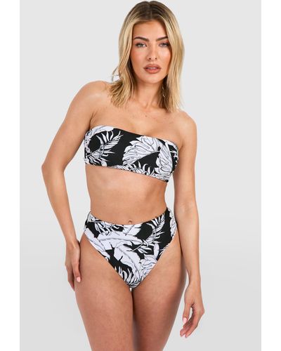 Boohoo Tropical Bandeau High Waist Bikini Set - Black