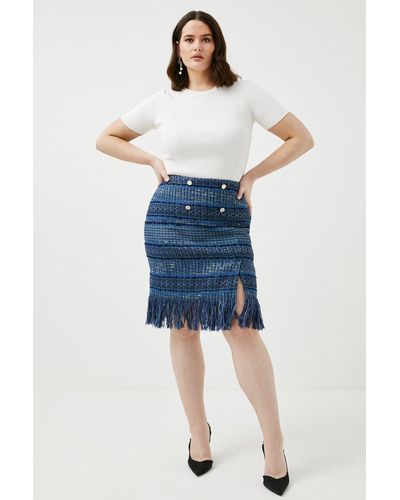 Karen Millen Plus Size Signature Italian Fringed Tweed Skirt - Blue
