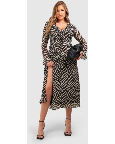 Boohoo Plus Ruffle Leopard Print Midaxi Dress - Brown