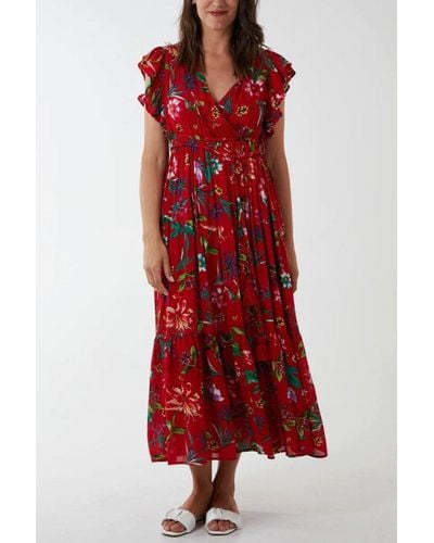 Hoxton Gal Oversized Short Sleeves Wrap Front Floral Maxi Dress - Red