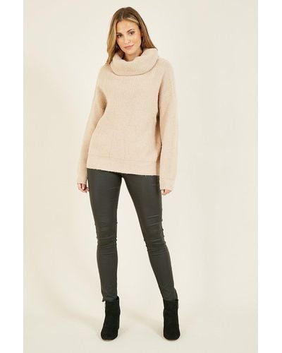 Yumi' Beige Knitted Roll Neck Relaxed Jumper - Natural