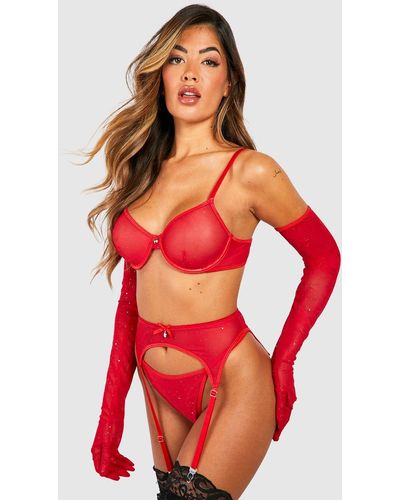 Boohoo Sparkle Lingerie And Suspender Set With Gloves - Red