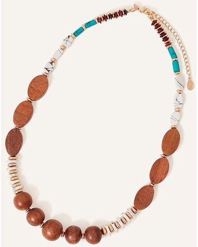 Accessorize Wooden Mixed Shape Beaded Necklace - Brown